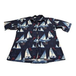 Harbor Bay Button Down Shirt with Sailboats Men's XLT Navy Blue Vacation Beach